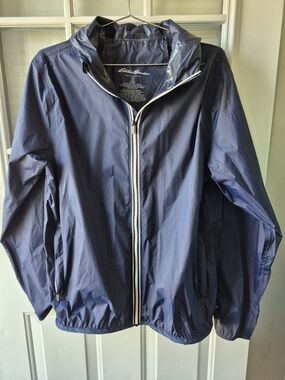 Eddie Bauer Navy Blue Hooded Raincoat with White Zipper Trim